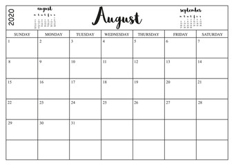 Year 2020 August  planner, monthly planner calendar for August 2020 on white background..