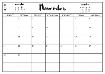Year 2020 November planner, monthly planner calendar for November 2020 on white background..