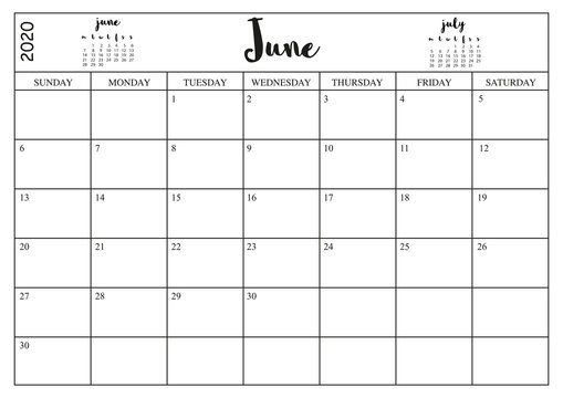 Year 2020 June planner, monthly planner calendar for June 2020 on white background..