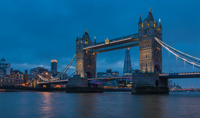 London skyline at night with Tower Bridge and the Shard