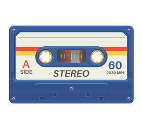 Stereo cassette. Retro audio tape with music record for vintage poster 80s isolated vector object - obrazy, fototapety, plakaty