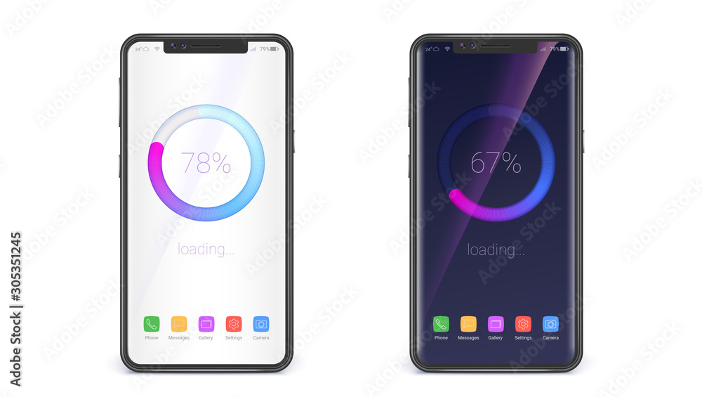 Poster modern 3d web preloader of updates on screen of mobiles. smartphones with progress bar and percentag