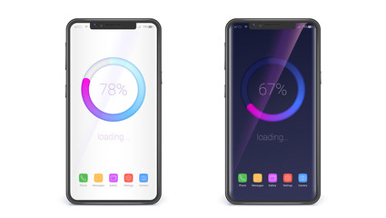 Modern 3D web preloader of updates on screen of mobiles. Smartphones with progress bar and percentage of upgrades, downloads. Concept of mobile apps for data loading on light and dark background