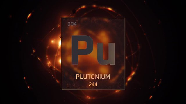 Plutonium as Element 94 of the Periodic Table. Seamlessly looping 3D animation on orange illuminated atom design background with orbiting electrons. Design shows name, atomic weight and element number