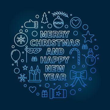 Merry Christmas and Happy New Year round blue line vector illustration on dark background