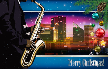 Fototapeta na wymiar Christmas pink blue illustration with saxophone player on cityscape of Tallinn background