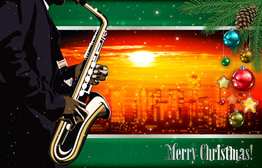 Christmas red green illustration with saxophone player on cityscape of Vancouver background