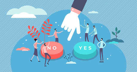 Choose vector illustration. Flat tiny options choice process person concept