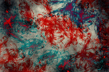 Abstract modern painting .Red and blue paint splashes on gray background. Grunge texture