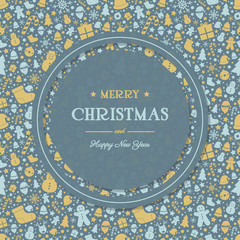Merry Christmas and Happy New Year. Xmas greetings on background with decorations. Vector