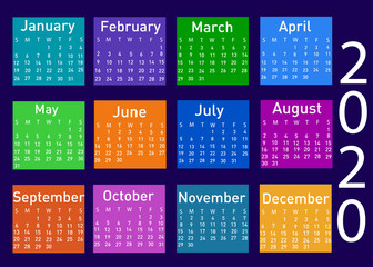 Calendar for 2020 vector illustration