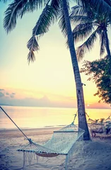 Foto auf Leinwand Hängematte am Strand bei Sonnenuntergang © olezzo