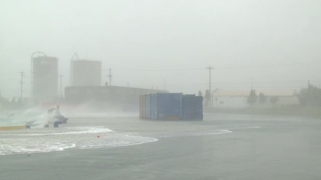 Storm Surge And Sea Spray In Port During Hurricane - Songda
