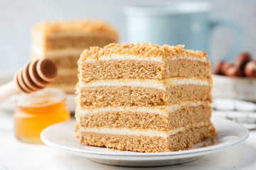 Russian honey layer cake Medovik slice. Closeup view. Biscuit honey layers with pastry cream. Tasty dessert square cake