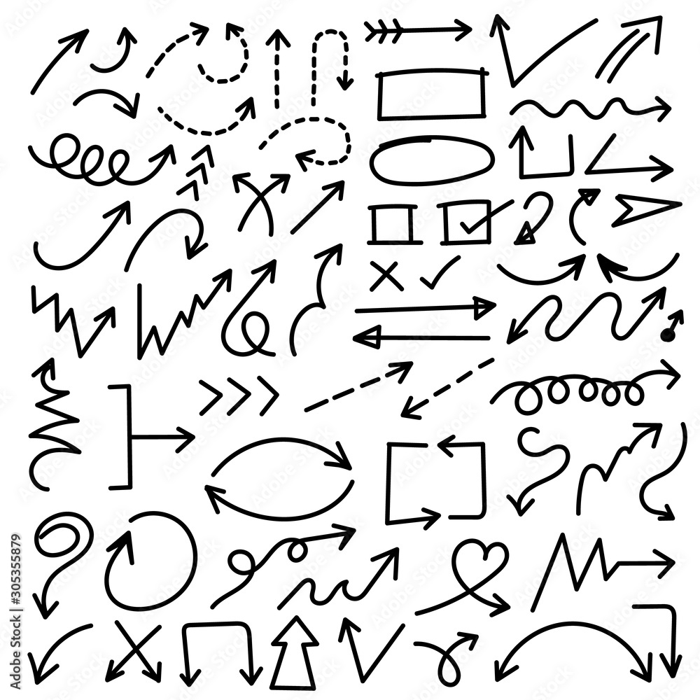 Poster arrows hand drawn vector set. sketch arrow design for application, banner, print screen, pen marks, 