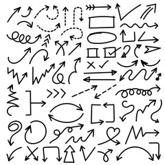 Arrows hand drawn vector set. Sketch arrow design for application, banner, print screen, pen marks, map and typography design guide line.