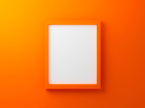 3d render interior illustration for display. Blank photo frame template on gradient wall texture in gallery. Empty clean picture on orange background for mockup and place image. Modern design concept.