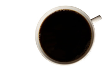 Top view Black coffee in white cup isolated on white background. Save with clipping path.