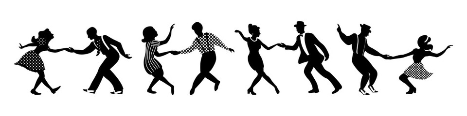 Fototapeta na wymiar Banner with four black silhouettes of dancing couples on white background. People in 1940s or 1950s style. Vector illustration.