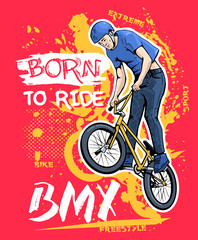 Extreme sport motivational quote, poster. Vector illustration of young bmx rider jumping on bike