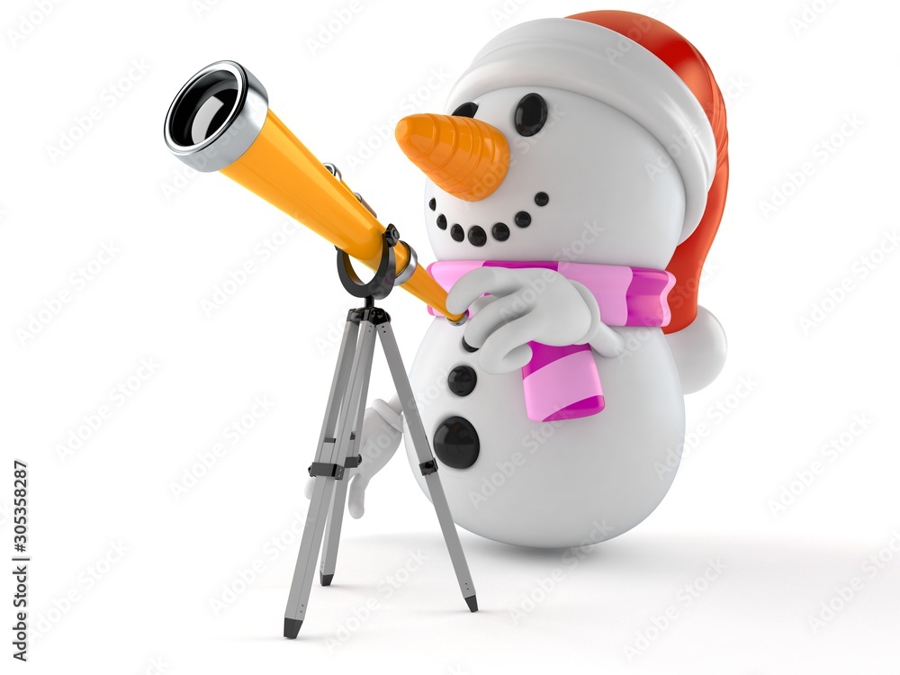 Wall mural Snowman character looking through a telescope