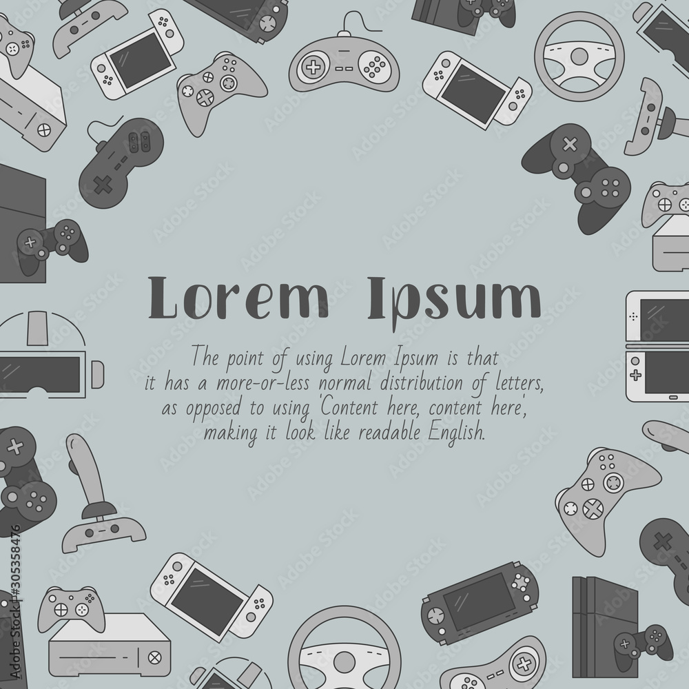 Aufkleber gamepad and game console card with text and vector color illustrations of joysticks and cyber sport 