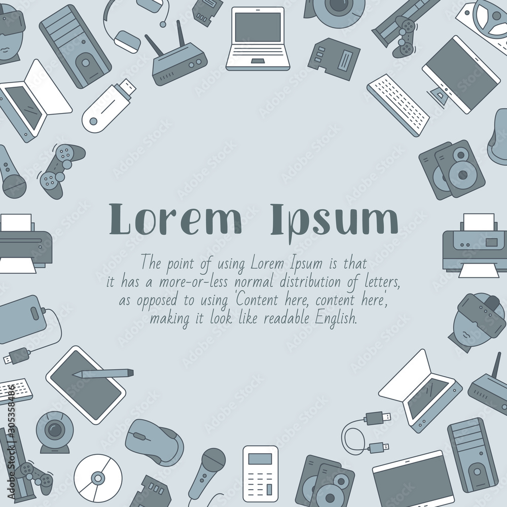Poster electronic devices card with text and vector color illustrations of technique and computer for graph