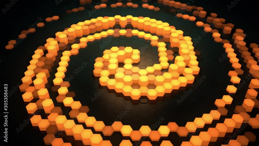 Poster orange 3d render background made of stacked hex geometry. glow bright spiral in the center. technolo