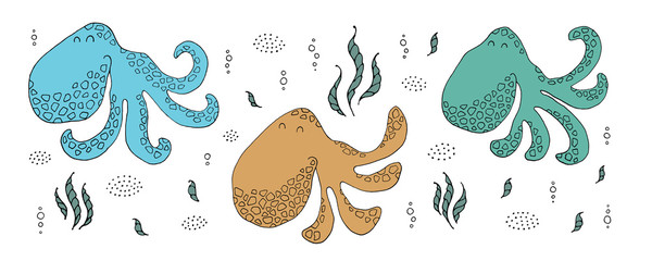 Naklejka premium Drawing - funny octopuses and hand drawn elements.