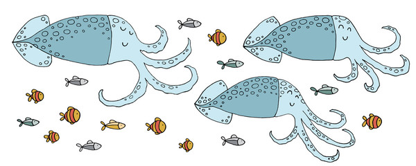 Obraz premium Drawing - funny squids and hand drawn elements.