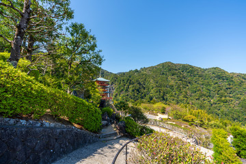 Beautiful famous landmark waterfall Nachi Falls in green forest blue sky Nachikatsuura Wakayama Prefecture Japan Nachi Fall is one of the best waterfalls  in Japan idea for rest relax enjoy lifestyle