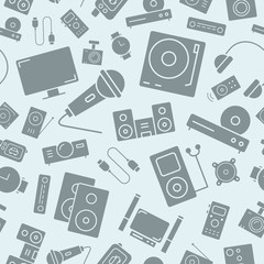 Digital video and audio equipment background - Vector seamless pattern solid silhouettes of media technology and television for graphic design