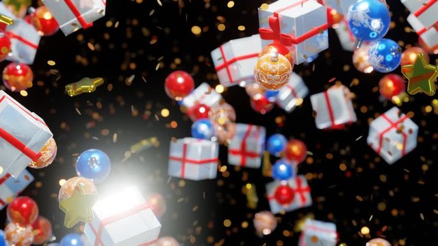 Christmas background. The new year 2026/2027. Festive background. Colorful Christmas balls, gifts and Golden stars moving in space. Looped 4K animation.