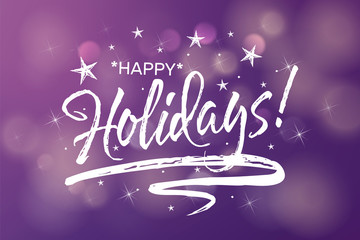 Happy Holidays card with glowing fireworks stars on blurred purple ultra violet bokeh background. Poster, greeting banner or invitation. Vector illustration