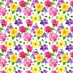 Foto op Plexiglas summer flowers roses, peonies,  clematis, watercolor pattern © Hanna