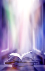 Imagine a picture book of an ancient book opened on a wooden table with a sparkling golden background. With magical power, magic, lightning around a glowing glowing book In the room of darkness