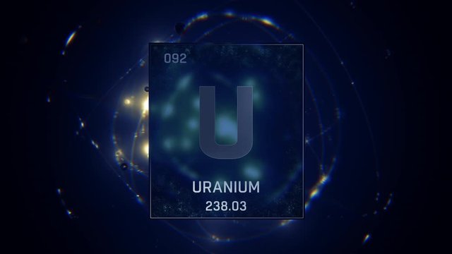 Proactinium as Element 91 of the Periodic Table. Seamlessly looping 3D animation on blue illuminated atom design background with orbiting electrons. Design shows name, atomic weight and element number
