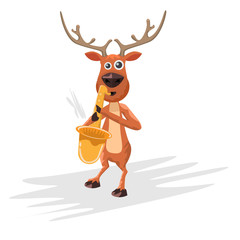 Christmas reindeer playing Saxophone. Hand drawn cartoon style deer and musical instrument for your design. Vector illustration.