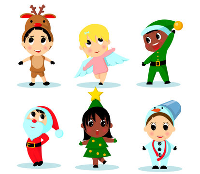 Vector illustration of cute kids wearing Christmas costumes