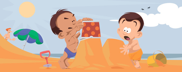 Boys gaming on beach. Funny people.