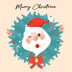 cute happy Santa clause in Christmas wreath, happy Christmas  printable card