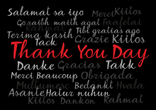 Thank you written in different languages of the world. Greeting card. Vector graphics