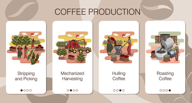 Set of mobile app pages of farming company about coffee production