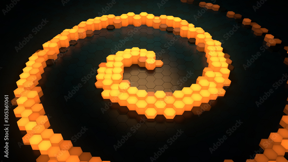 Poster 3d render background made of stacked hex geometry. glow bright spiral in the center. technology them
