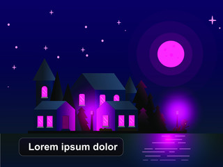 vector illustration of houses on the seashore. Houses with lighting and moonlight. A fisherman is fishing on the bridge. Two cats are watching the fisherman.