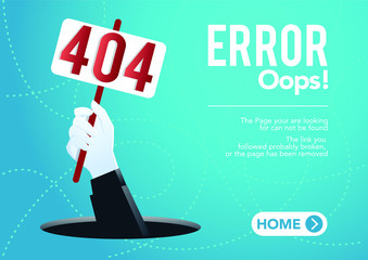 stock vector page not found template with human hand came out from a hole. 404 error design for web page. vector illustration background.