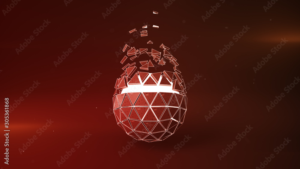 Poster red polyhedron and glowing core 3d render