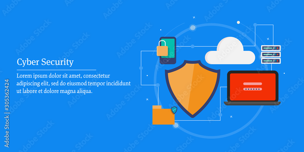 Poster cyber security - shield protecting digital devices, cloud, server, data storage concept. flat design