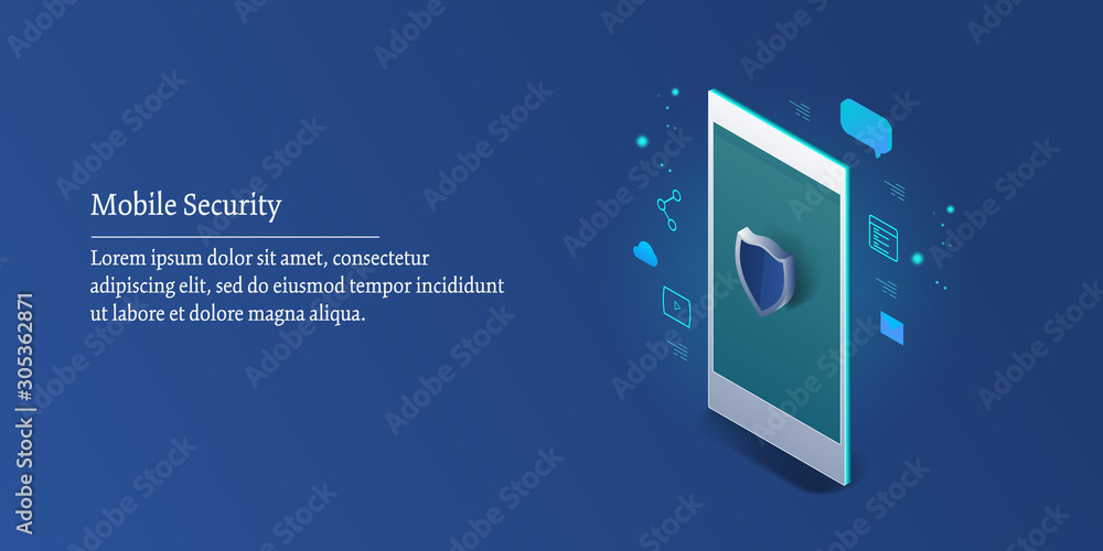 Aufkleber isometric mobile security app. cyber shield. internet data protection. technology business concept. 