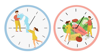 Intermittent fasting concept. Dial with people pouring water and eating food. Scheme 8 16. Food window. Weight loss method. Isolated vector flat illustration.
